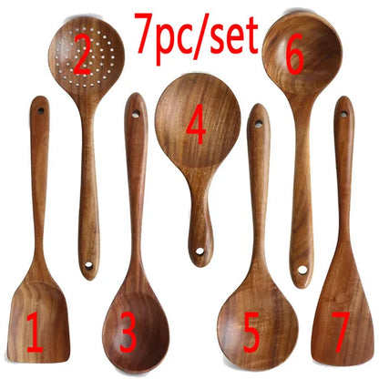 1–10PCS Teak Wooden Cooking Spoons – Smooth Non-Stick Wooden Utensils Set for Kitchen Cooking