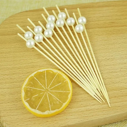 100PCS Gold, Silver & White Pearl Bamboo Skewers – Fruit, Dessert, Cocktail, Party, and Buffet Toothpicks
