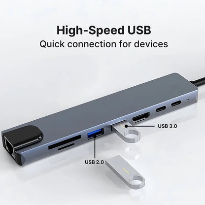 8-in-1 USB-C Hub 3.0 Splitter – 4K Docking Station Adapter with PD, SD, TF, RJ45, HDMI for MacBook Air M1, iPad Pro