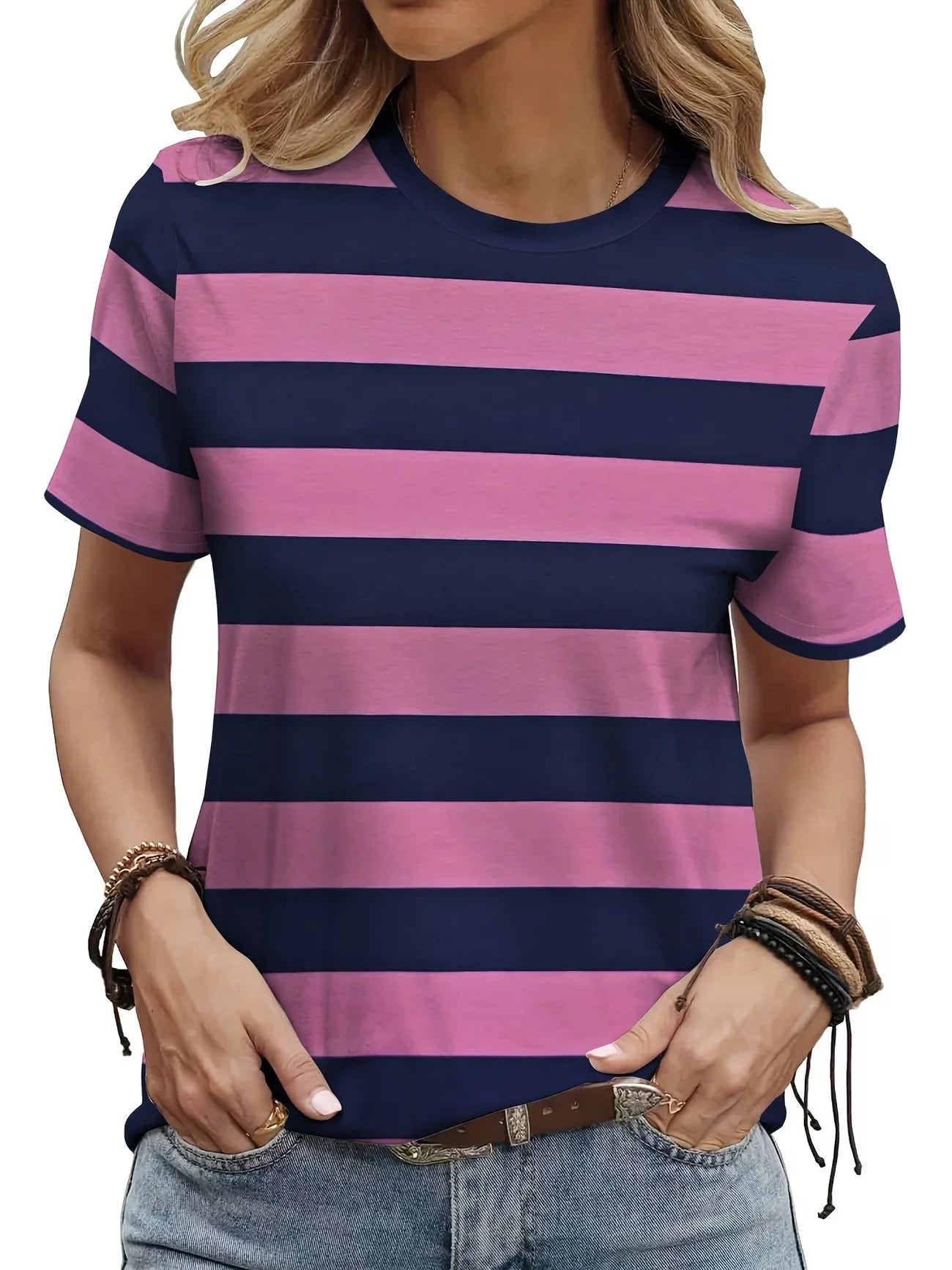 Women’s Rainbow Striped Oversized T-Shirt – Casual Crew Neck Short Sleeve Summer Soft Daily Wear Tee