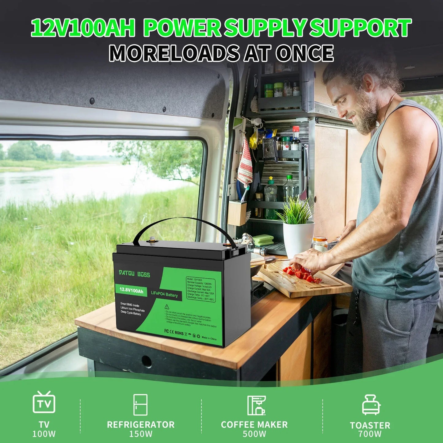 DATOUBOSS 12V 100Ah LiFePO4 Battery — 1280Wh Lithium Battery with 100A BMS, 8000-15000 Deep Cycles, Series/Parallel Support