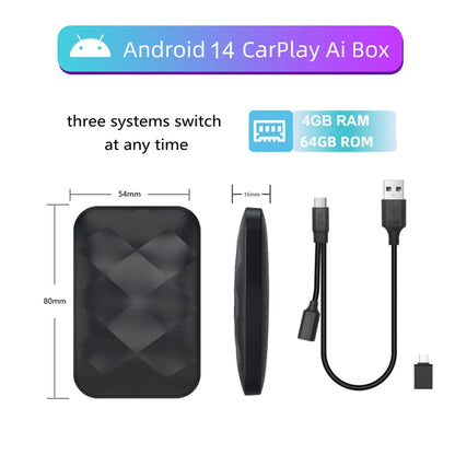 Acodo 2025 Android 14 CarPlay AI Box – 3-in-1 Wireless Android Auto USB Adapter & Universal TV Box for YouTube & Netflix Plug and Play