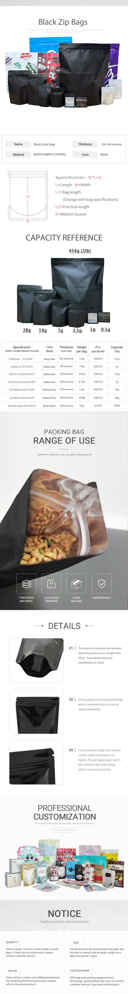 20–100PCS Black Matte Zipper Bags — Smell-Proof Mylar Pouches with One-Side Clear Window