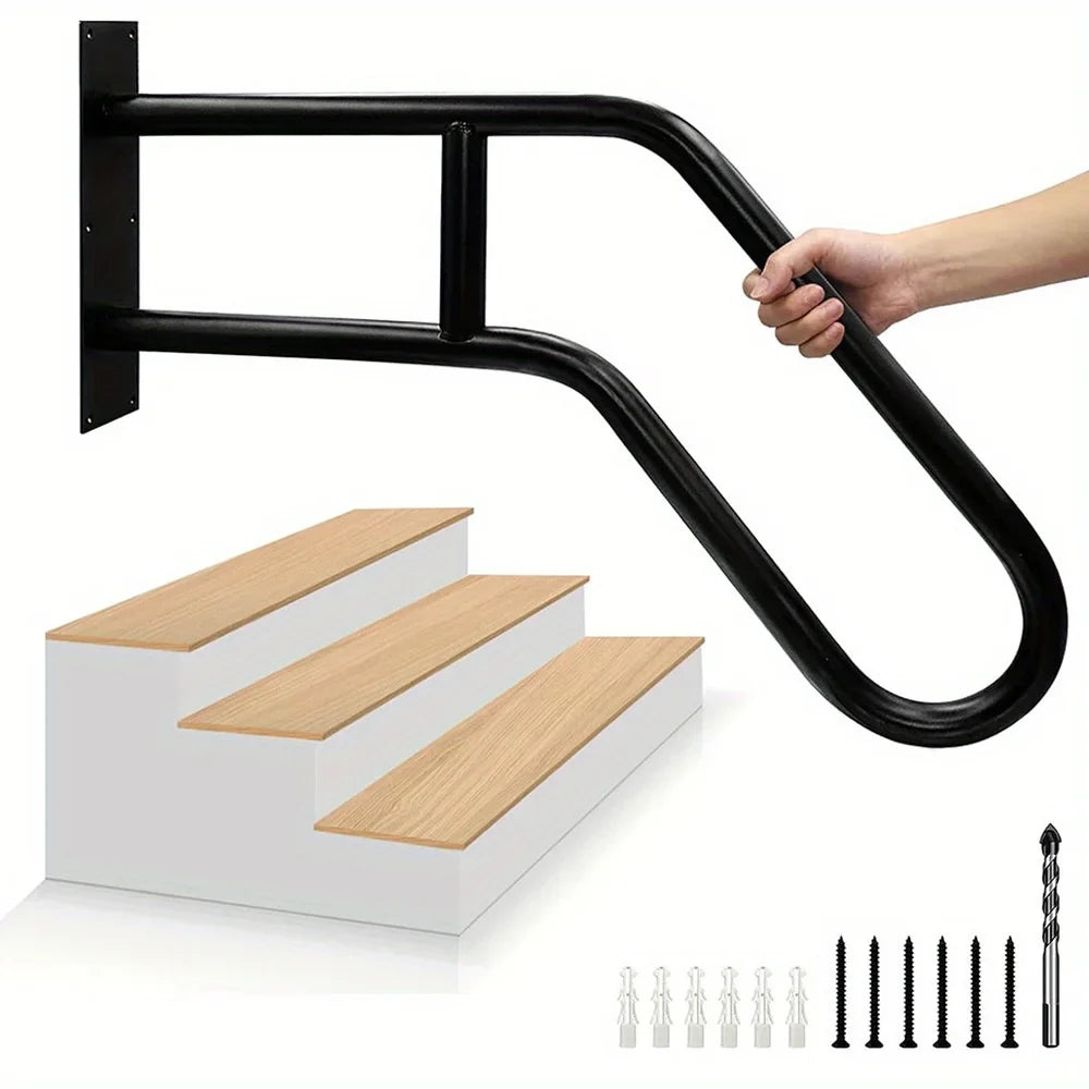 Matte Black U-Shaped Metal Handrail – Wall-Mounted Outdoor Stair Grab Rail, Modern Entryway Safety Railing