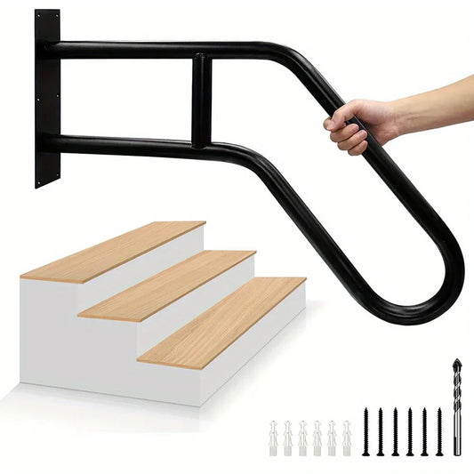 Matte Black U-Shaped Metal Handrail – Wall-Mounted Outdoor Stair Grab Rail, Modern Entryway Safety Railing