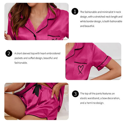 Women's Heart Embroidered Pajama Set – Button Down Short Sleeve Top & Shorts Lounge Sleepwear