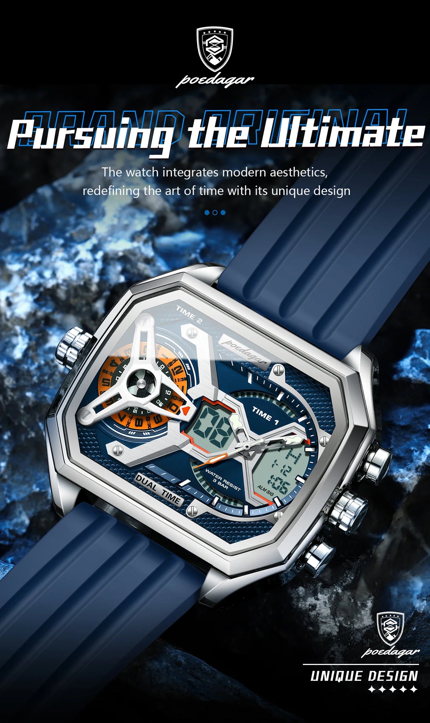 POEDAGAR Men's Luxury LED Wristwatch – Electronic Quartz Watch with Calendar, Week Display, Luminous Hands, and Silicone Strap