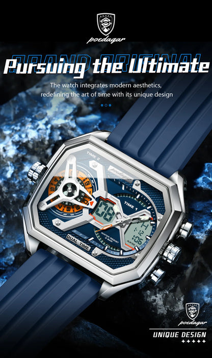 POEDAGAR Men's Luxury LED Wristwatch – Electronic Quartz Watch with Calendar, Week Display, Luminous Hands, and Silicone Strap
