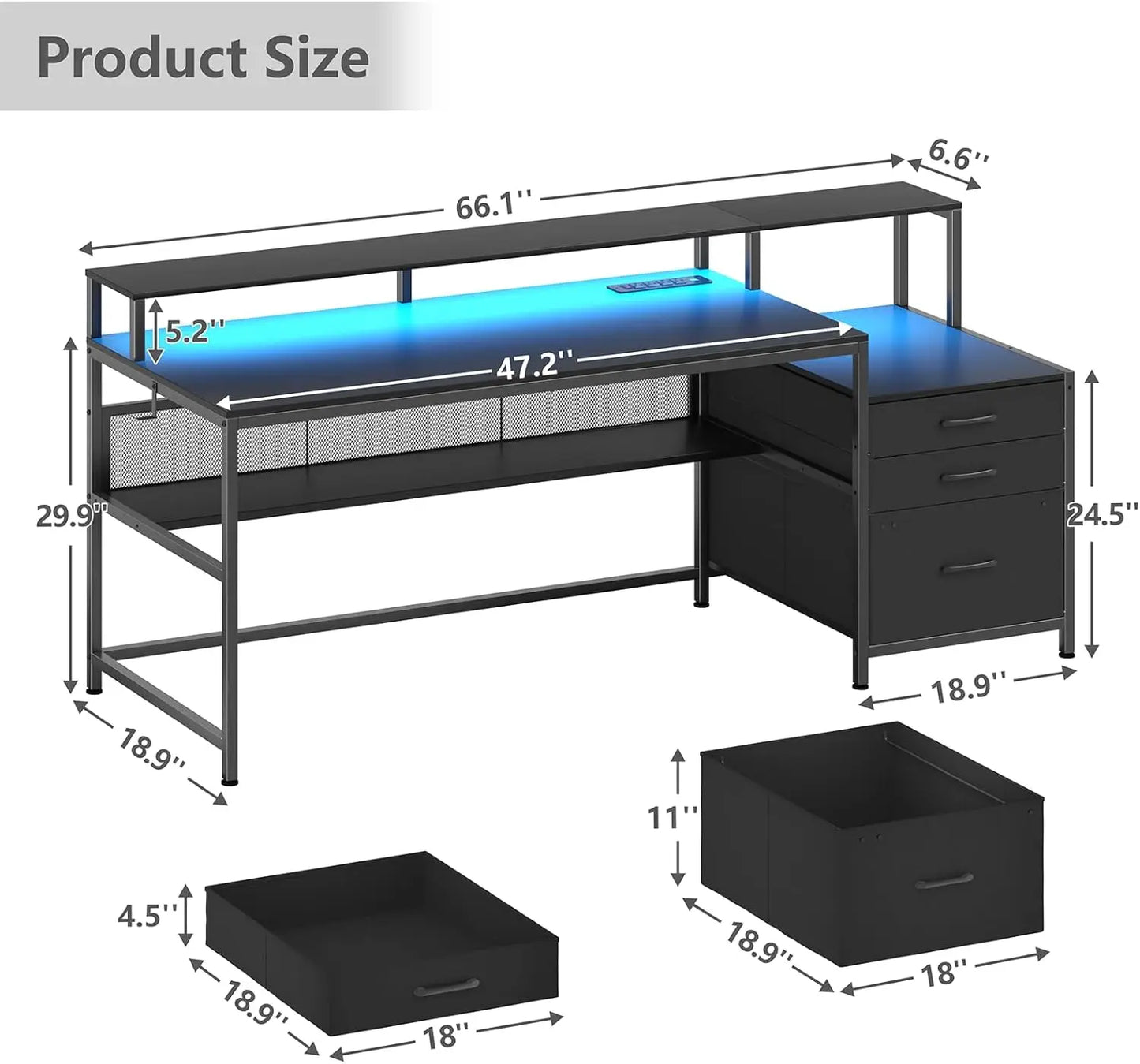 66" Computer Desk with LED Lights & Power Outlets – Home Office Desk with 3 Drawers, Storage Shelf & Gaming Desk