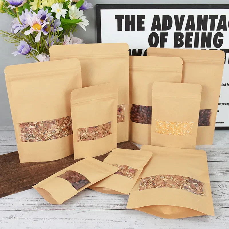 20/50pcs Kraft Paper Zip Lock Bags with Window - Self-Sealing Storage for Food, Snacks, Tea, Wedding, Home Candy Gifts, and Packaging Pouch