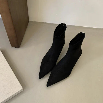 SUOJIALUN 2024 Winter New Women’s Short Boots – Fashion Pointed Toe, Elegant Ankle Boots with Thin High Heel Dress Pumps