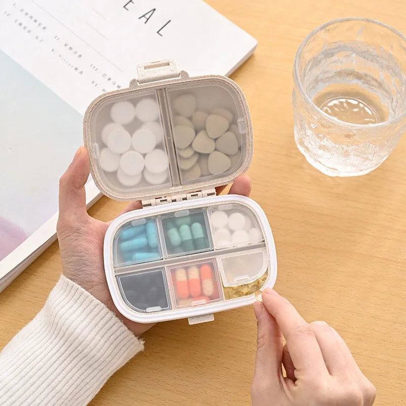 8-Grid Travel Pill Organizer – Small Wheat Straw Medicine Container with Seal Ring