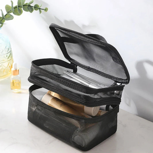 Travel 2-Layer Cosmetic Organizer Bag – Transparent Folding Mesh Zipper Pouch, Large Capacity Makeup & Wash Kit Bag 2024