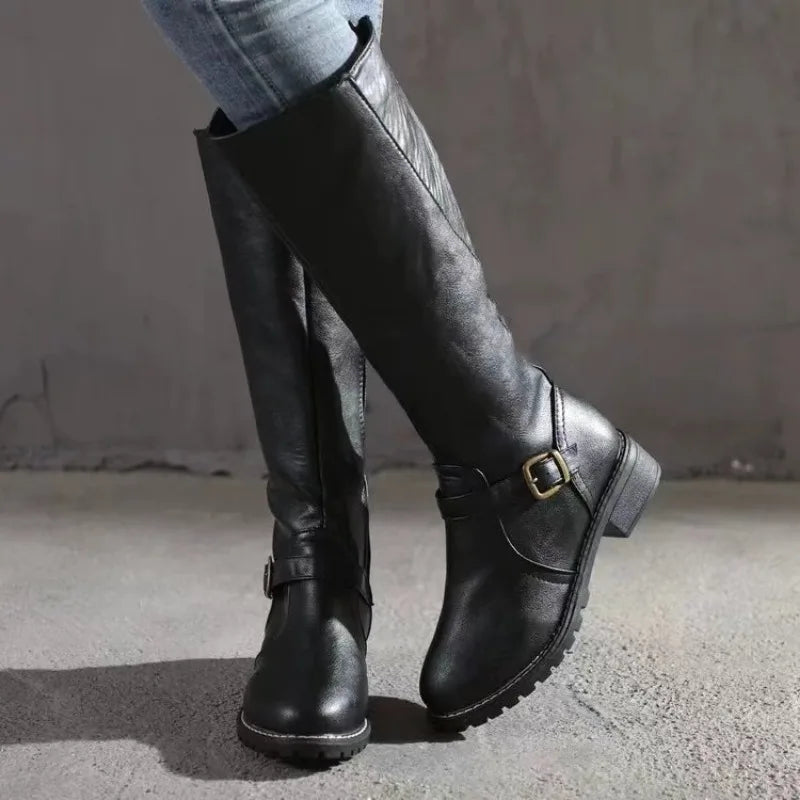 2024 Women’s Over-the-Knee Riding Boots – Winter Chunky Heel Round Toe Buckle Platform Shoes