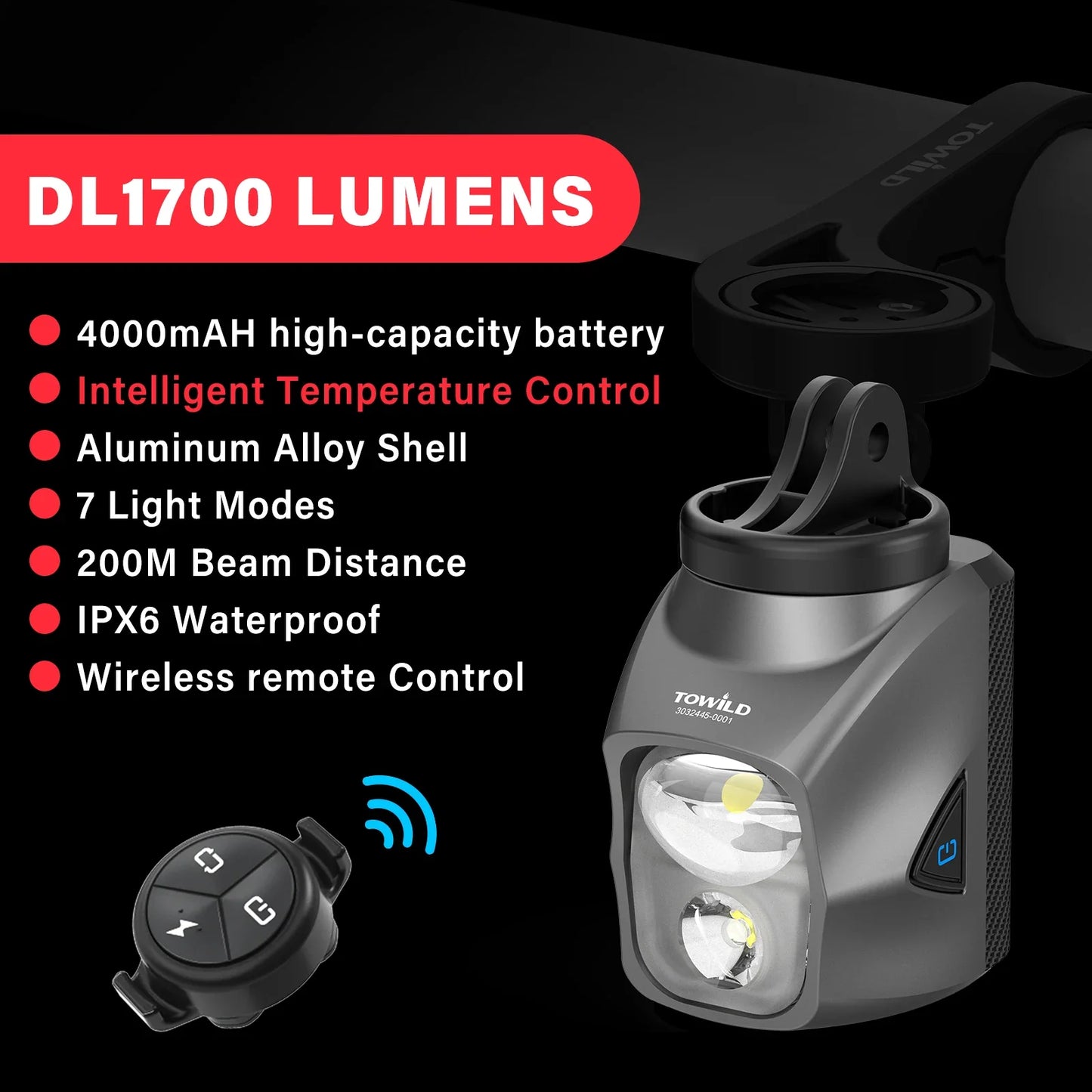 TOWILD DL1700 LED Bicycle Light – 1900LM Rechargeable Front Light with Focus & Flood Beam, Power Bank Function