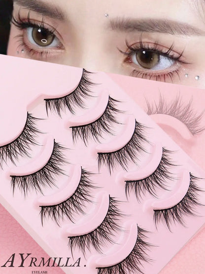 5 Pairs Cat Eye Faux Mink Eyelashes – Winged Long Natural Manga Style False Lashes Makeup Set