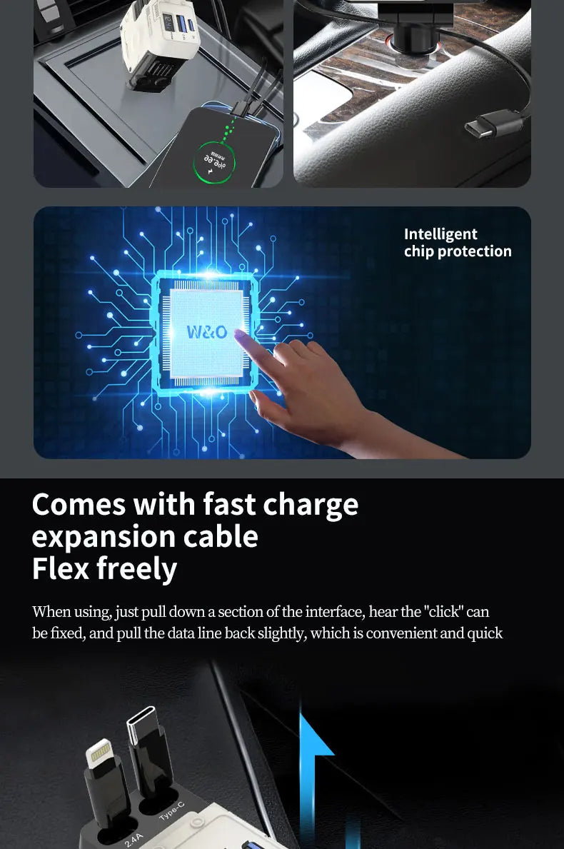 120W Car Charger | 4-in-1 Retractable Cigarette Lighter Adapter with USB Type-C Fast Charging Cable for iPhone & Android