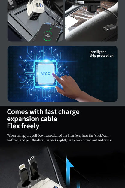120W Car Charger | 4-in-1 Retractable Cigarette Lighter Adapter with USB Type-C Fast Charging Cable for iPhone & Android