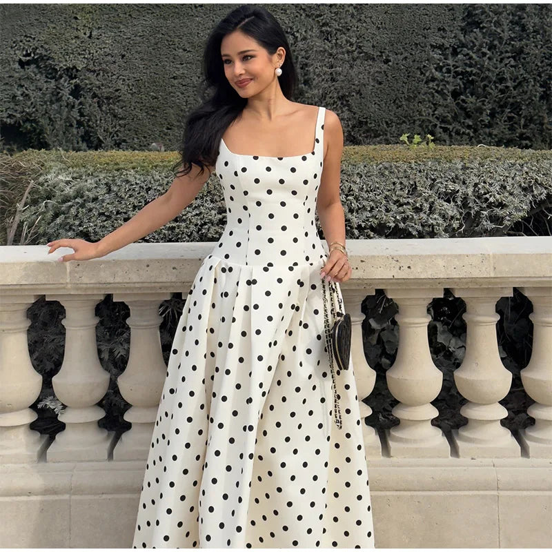 Elegant Women’s Polka Dot Maxi Dress – Chic Sleeveless Round Neck High Waist Slim Fit Vestido for Party & Street, 2025 New