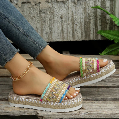 Bohemian Weave Women's Platform Slippers – Handmade Espadrille Sandals, Summer 2023 Beach & Casual Heels