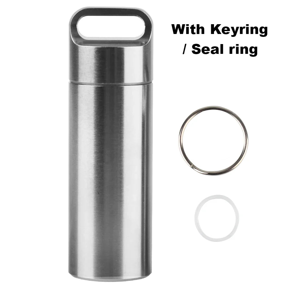 Stainless Steel Mini Pill Storage Box — S/M/L Waterproof Medicine Case with Keychain Seal Rings, Portable First Aid & Camping Pendant