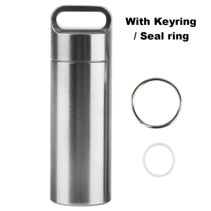 Stainless Steel Mini Pill Storage Box — S/M/L Waterproof Medicine Case with Keychain Seal Rings, Portable First Aid & Camping Pendant