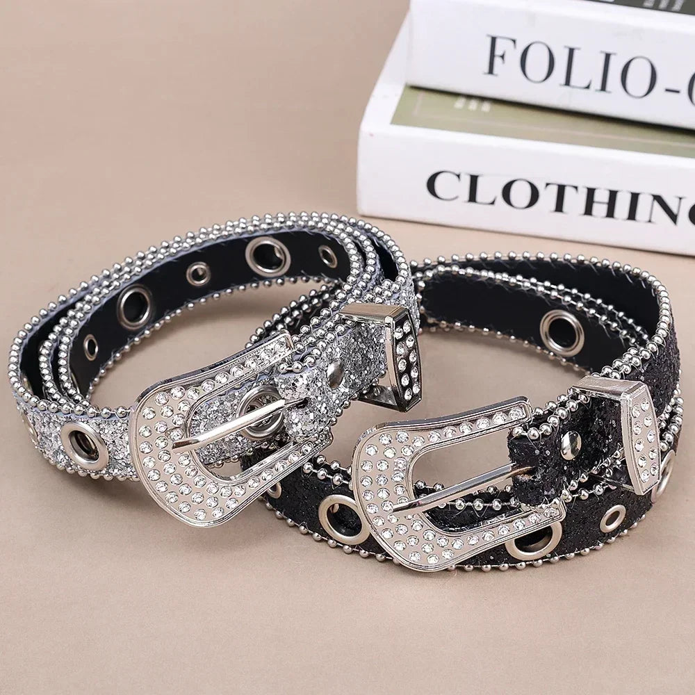 Y2K Women’s PU Leather Rhinestone Belt – Adjustable Glitter Crystal Waistband for Club & Party
