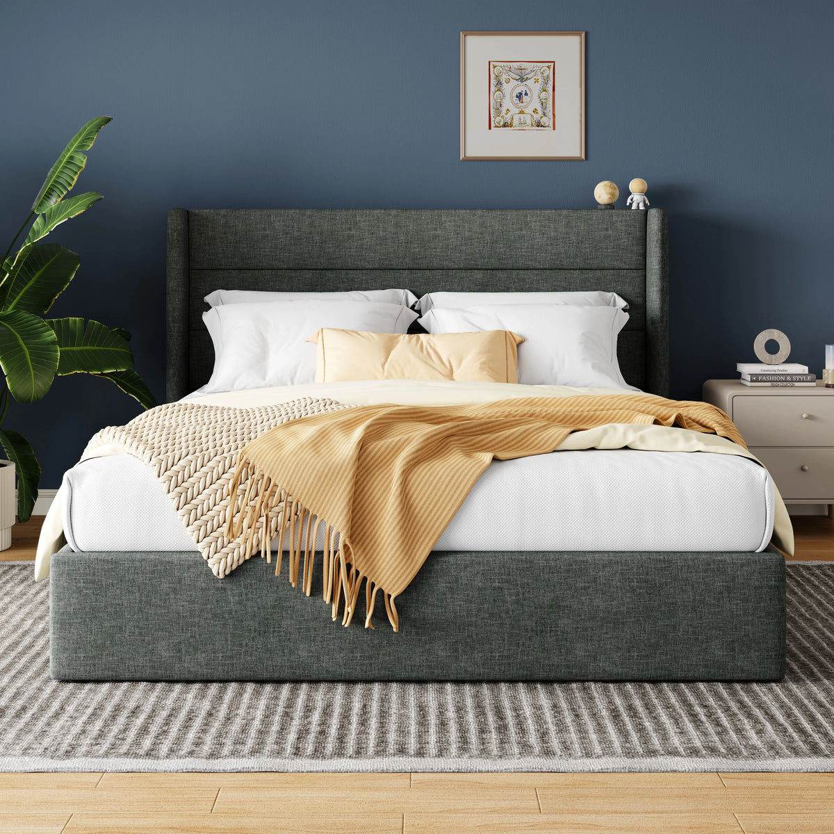 HOOMIC Lift-Up Storage Bed with Wingback Headboard - Heavy-Duty Hydraulic Platform Bed with Large Underbed Storage