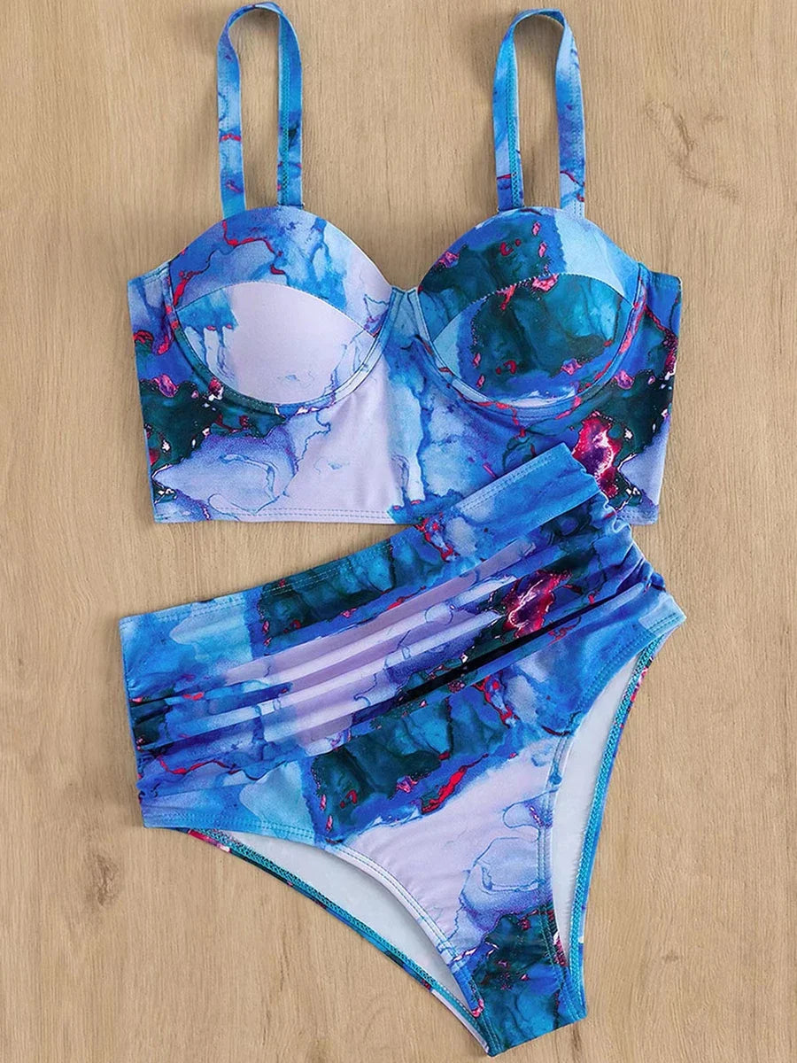 Women’s Butterfly Print Push Up Bikini Set - High Waist Padded Swimsuit for Summer Beachwear