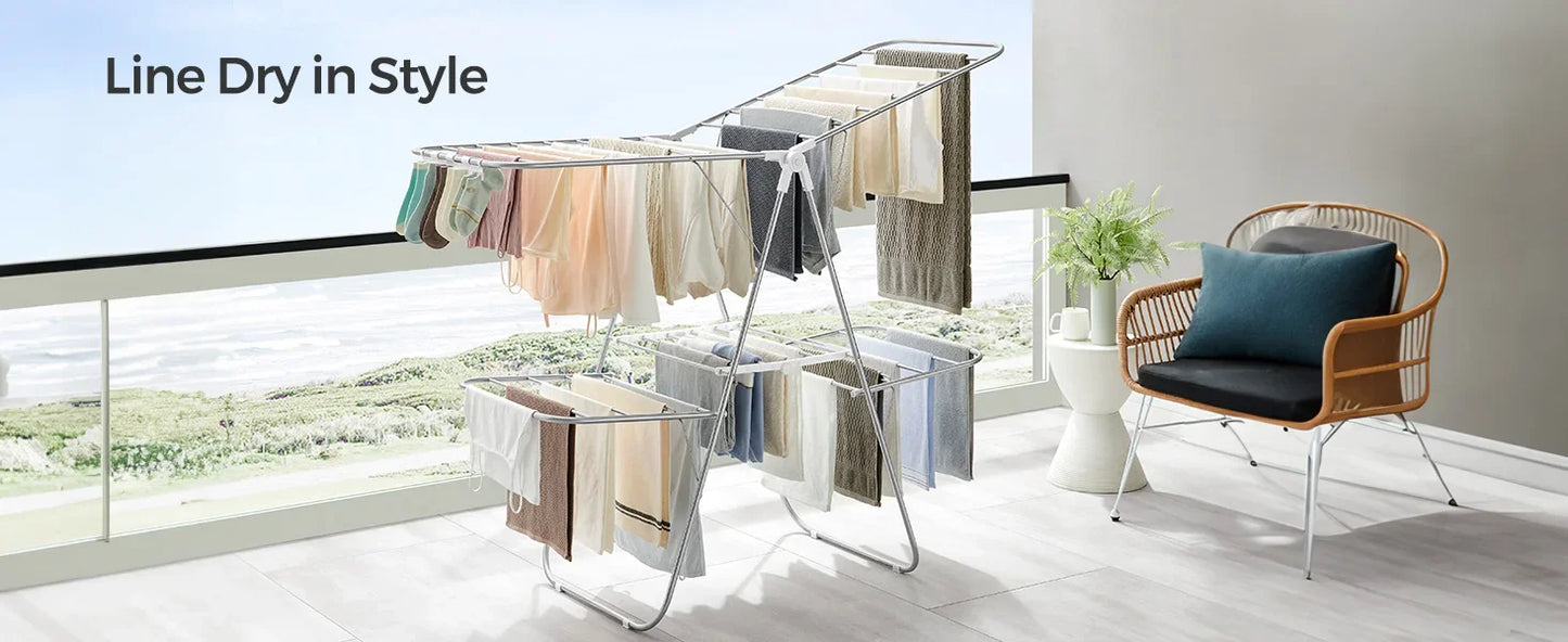 Foldable 2-Level Clothes Drying Rack – Large Free-Standing Laundry Rack with Height-Adjustable Wings
