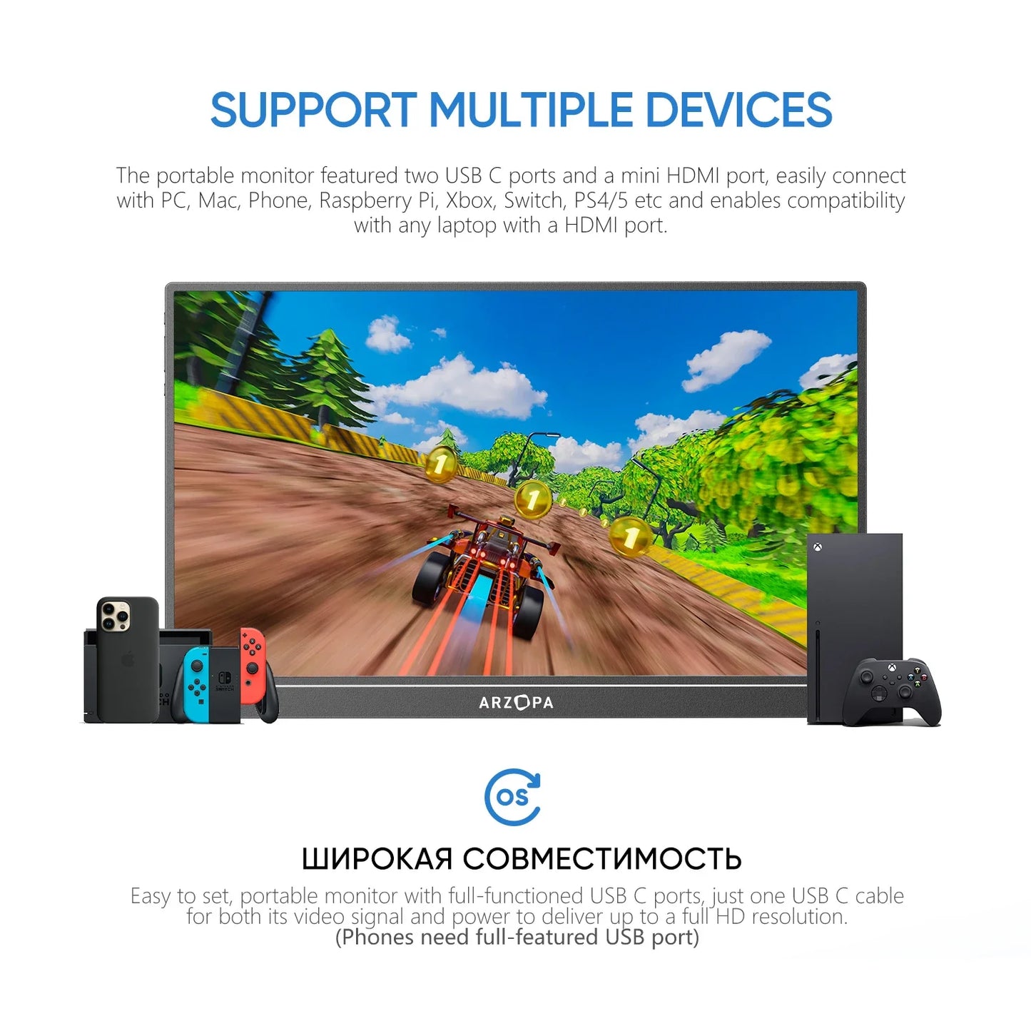 Arzopa 15.6" FHD Portable Monitor – 1080P IPS Second Screen for PC, Laptop, Mac, Xbox, PS4 & Switch