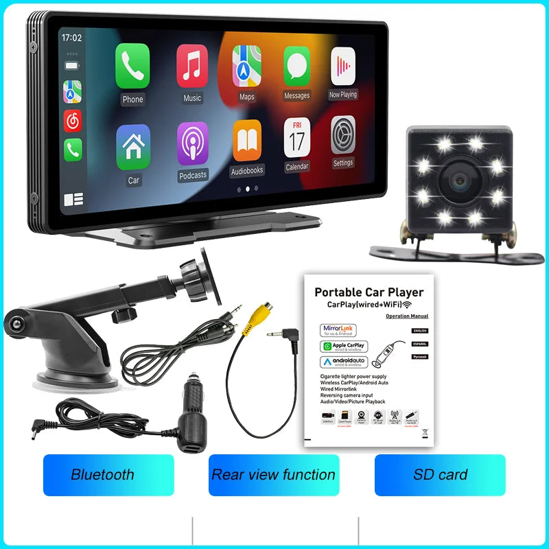 BQCC 10.26-Inch Portable Wireless CarPlay Screen – HD Rearview Camera, Car Radio DVR, MP5 Multimedia Player, Android Auto