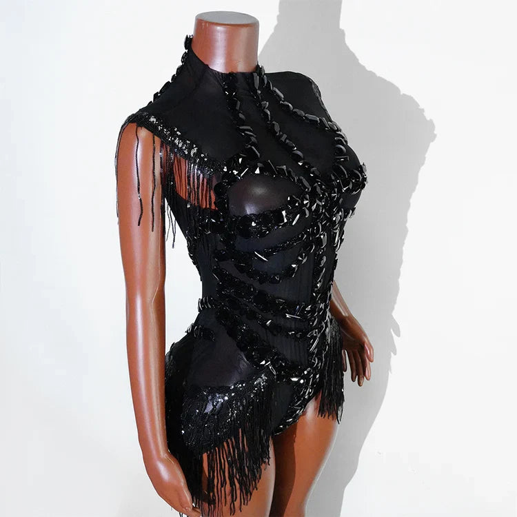 Sexy Shiny Silver Sequin & Black Spandex Jumpsuit — 2025 Women’s Prom, Dancer & Stage Performance Costume