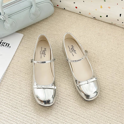 Spring Autumn Wine Red Mary Jane Shoes – Women’s Low Heel Leather Flats with Butterfly Knot & Round Toe