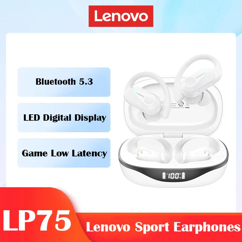 Lenovo LP75 TWS Sports Earphones — Bluetooth 5.3 Wireless, Waterproof HiFi Stereo, Noise-Reducing Earbuds with Mic