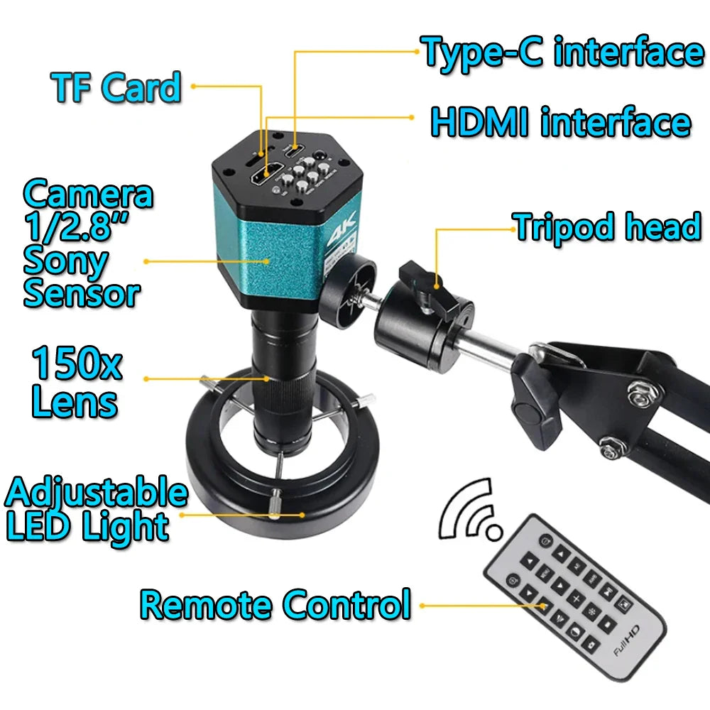 1080P 4K Industrial Microscope – 150X C-Mount Lens with 48MP/13MP Digital Camera, HDMI/USB-C/VGA for PCB Soldering & DIY