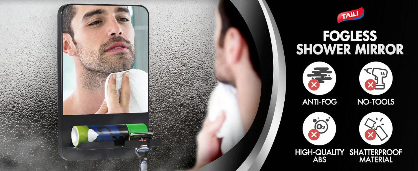 TAILI Shower Shaving Mirror with Storage Tray – Razor Holder, Suction Cup, Shatterproof & Fogless Bathroom Mirror