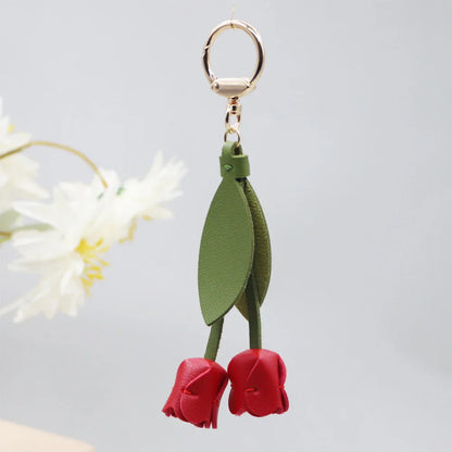Fashion Tulip PU Leather Bag Charm Keychain – Cute Flower & Leaf Pendant, Creative Handbag Decoration Gift for Family & Friends