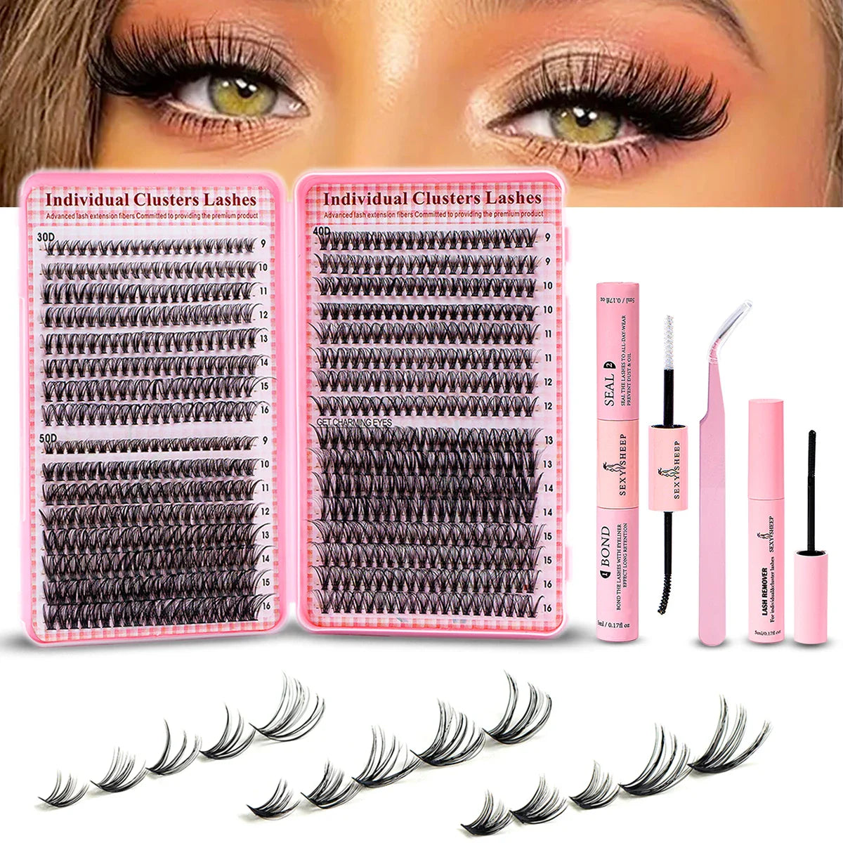 Eyelash Extension Kit – 640pcs DIY Lash Clusters (9-16mm), Mix Curl, with Tweezers, Glue & Remover