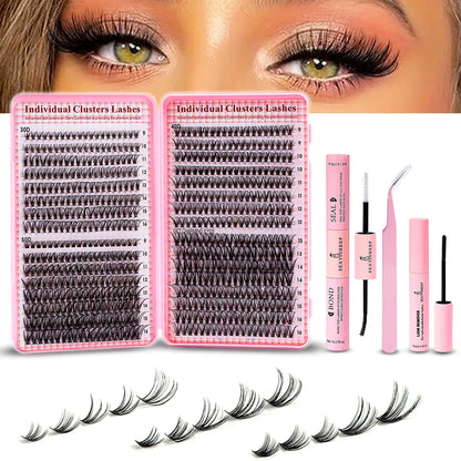 Eyelash Extension Kit – 640pcs DIY Lash Clusters (9-16mm), Mix Curl, with Tweezers, Glue & Remover