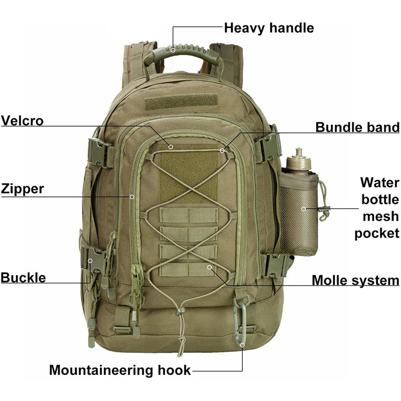 65L Tactical Outdoor Backpack — Large Capacity Military Hiking & Camping Rucksack for Men