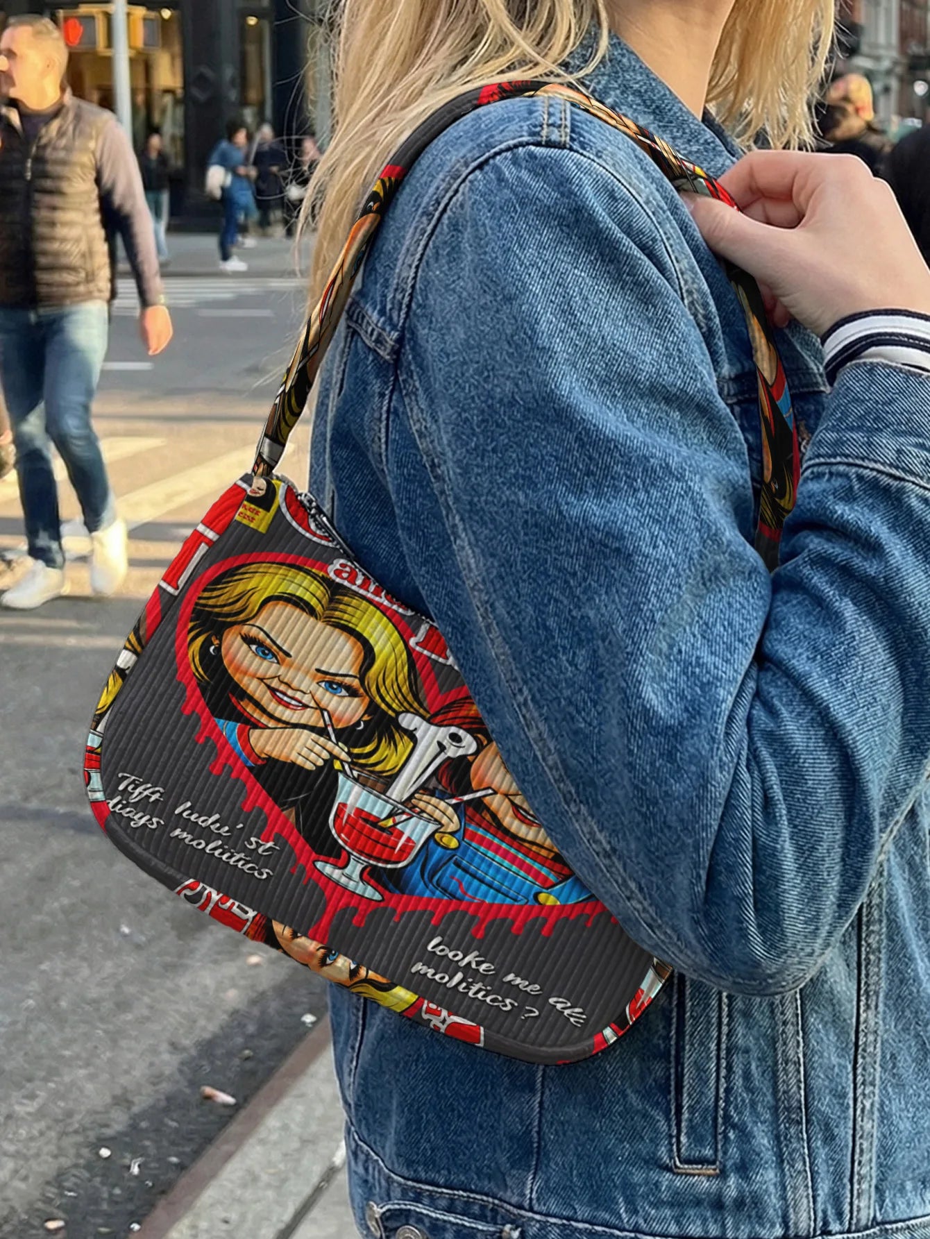 Chucky & Tiffany Print Shoulder Bag - Trendy Corduroy Underarm Bag for Daily Casual Use