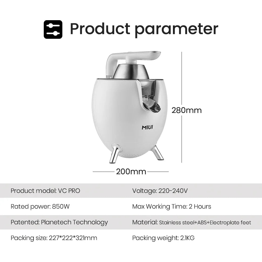 MIUI 850W Citrus Juicer - Stainless Steel Orange & Lemon Electric Juicer with Hard-Core Press and Aluminum Die-Casting Handle