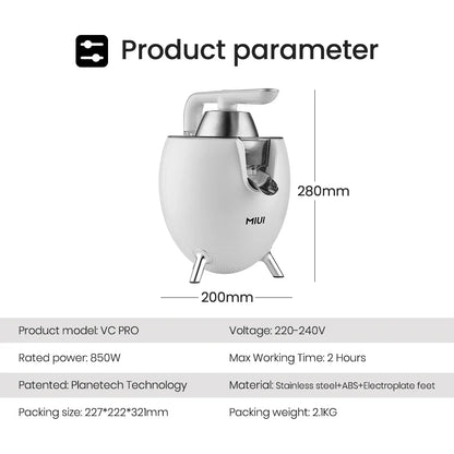 MIUI 850W Citrus Juicer - Stainless Steel Orange & Lemon Electric Juicer with Hard-Core Press and Aluminum Die-Casting Handle