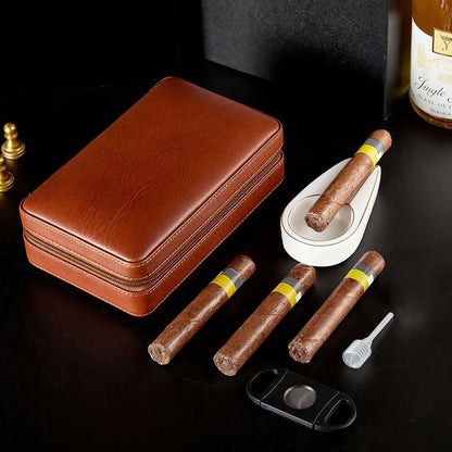 Cedarwood Cigar Case – Portable Leather Cigar Box for 4 Cigars, Humidor Kit with Humidifying Holder & Accessories