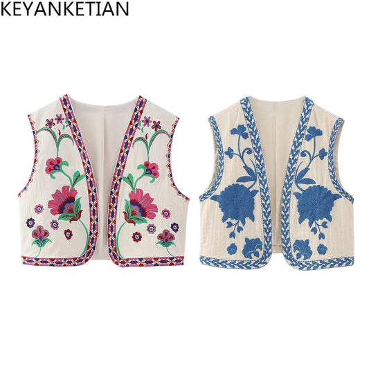 KEYANKETIAN Women's Vintage Floral Embroidered Open Waistcoat – National Style Vest Jacket, Casual Vacation Crop Top