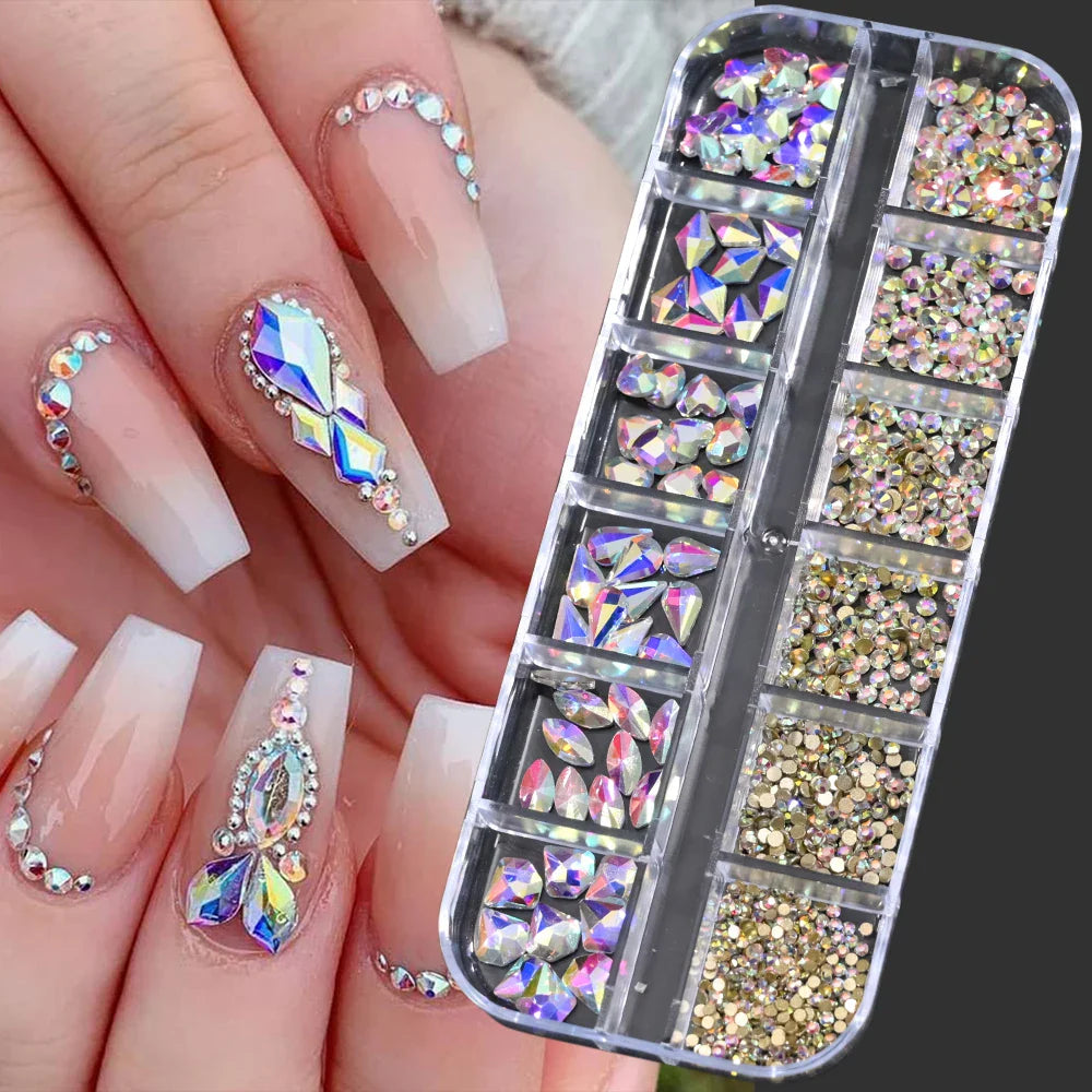 12-Grid 3D Glass AB Crystal Nail Art Rhinestones Kit – Flatback Round Beads with Tools for Nail Jewelry & Diamond Decoration