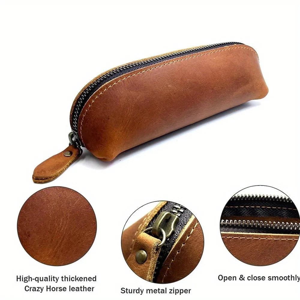 Vintage Leather Pencil Bag – Simple Zipper Pen Case & Stationery Holder Pouch for School Supplies, Glasses & Storage