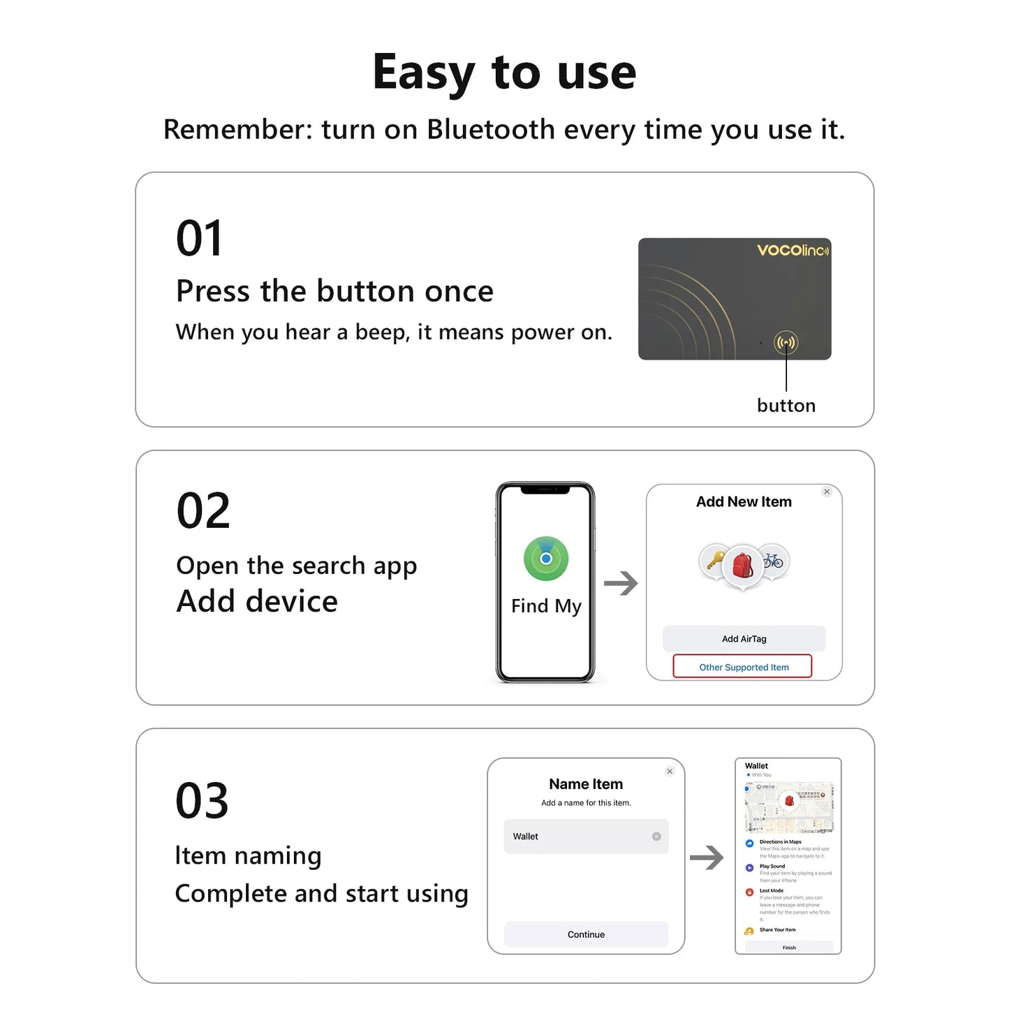 VOCOlinc Wireless Charging Bluetooth Smart Tag — 1/2PCS Global Locator & Item Finder Card, Compatible with Find My (iOS Only)