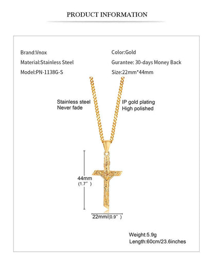 Vnox Cross Necklace for Men & Women – Gold Stainless Steel Jesus Pendant, Catholic Faith Jewelry for Church Prayer